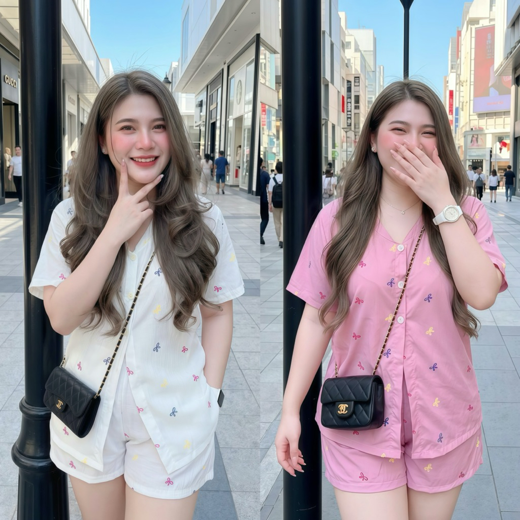 ชุดเซ็ตขาสั้นลายโบว์ เสื้อยาว ไซส์ใหญ่สาวอวบอ้วนอก 50 นิ้ว