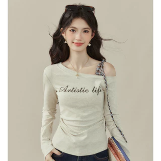 Mikoพร้อมส่ง🍋เทรนด์ ฟีเว่อร์ เสื้อครอปแขนยาว สีเทา ปาดไหล่ข้างเดียว เชื่อกผูกปรับได้ ไซต์กระชับสัดส่วน เอฟวร์ Y2K ลำลอง