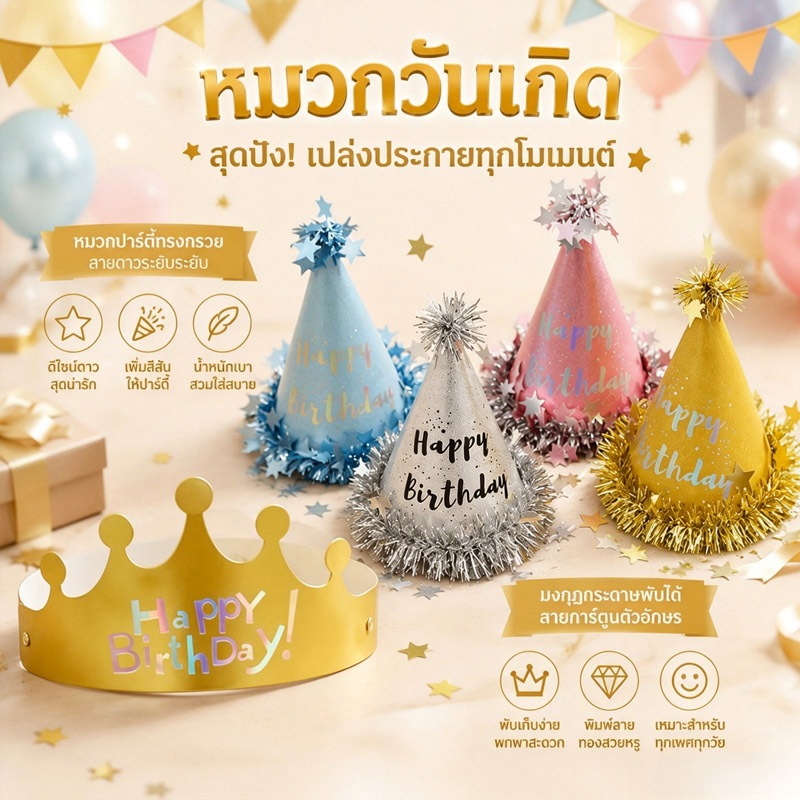 พร้อมส่งกรุงเทพ หมวกวันเกิดกรวย + มงกุฎกระดาษ หลายสี ตกแต่งปาร์ตี้วันเกิดเด็กผู้ใหญ่ DIY ถ่ายรูปสวย