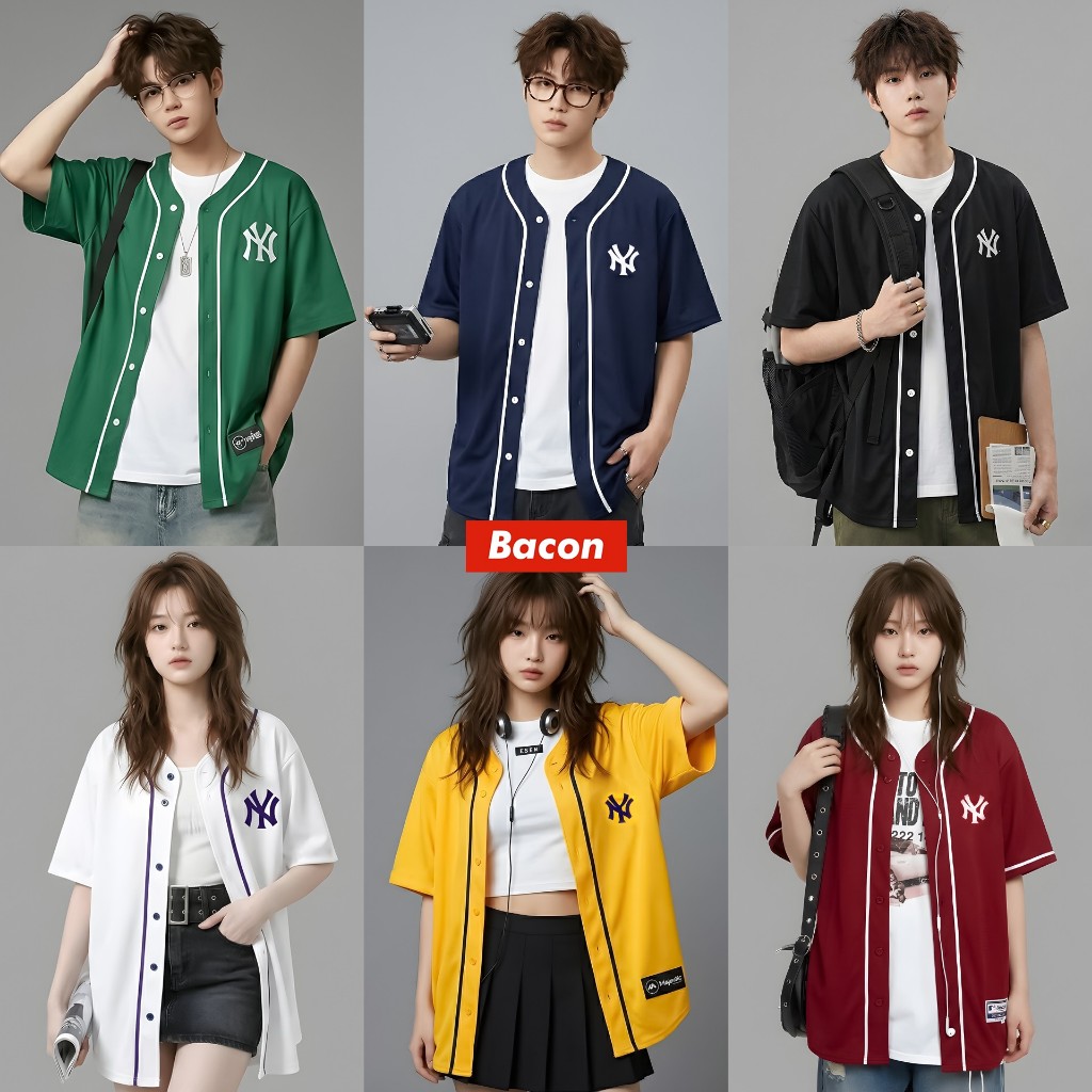 เสื้อแฟชั่นเบสบอลสีพื้น เสื้อกีฬาเบสบอลรุ่นใหม่ โอเวอร์ไซส์ มีกระดุมจริง