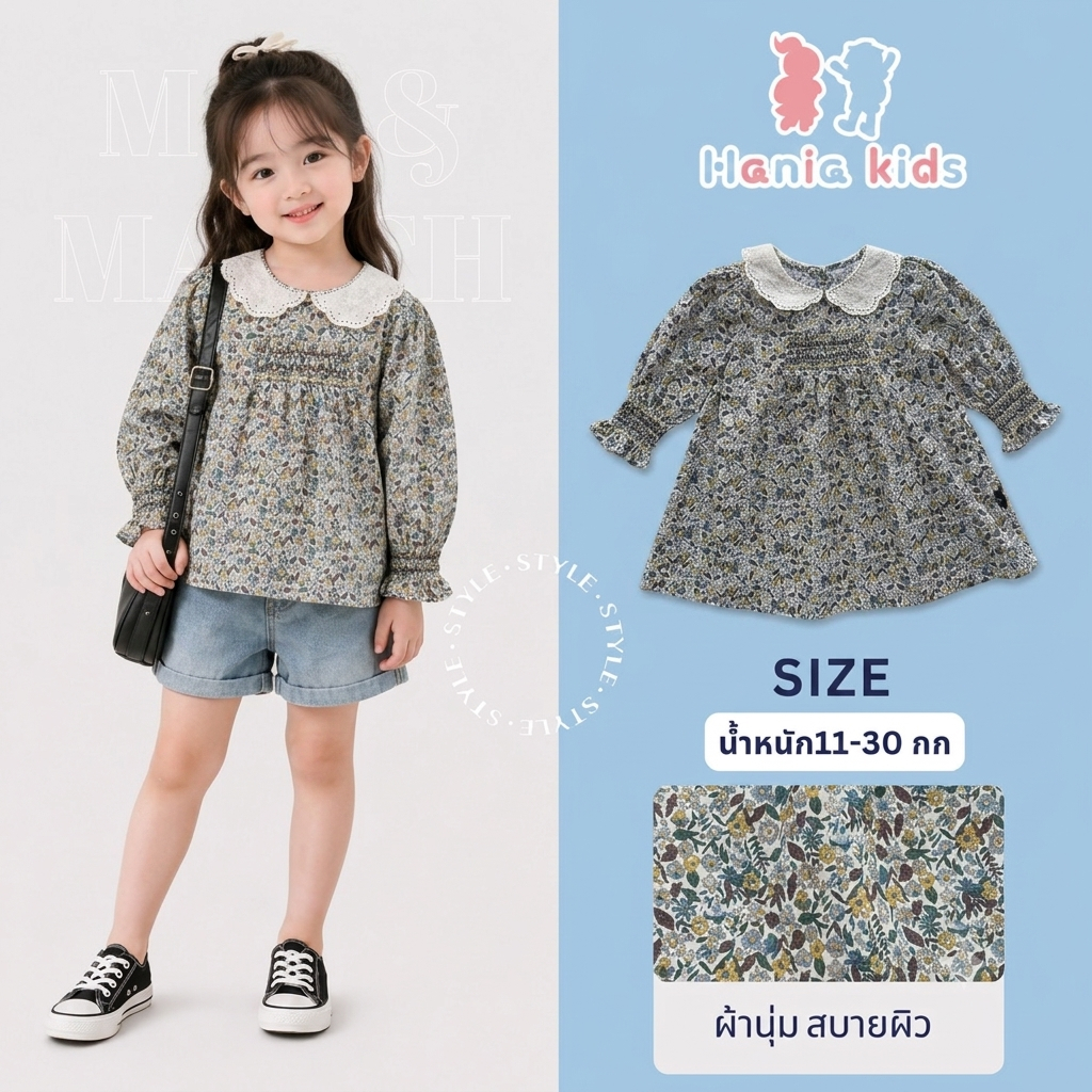 Hania Kids พร้อมส่ง เสื้อลายดอกไม้ สไตล์เกาหลี เนื้อผ้าดี เสื้อผ้าเด็กผู้หญิง K3134552