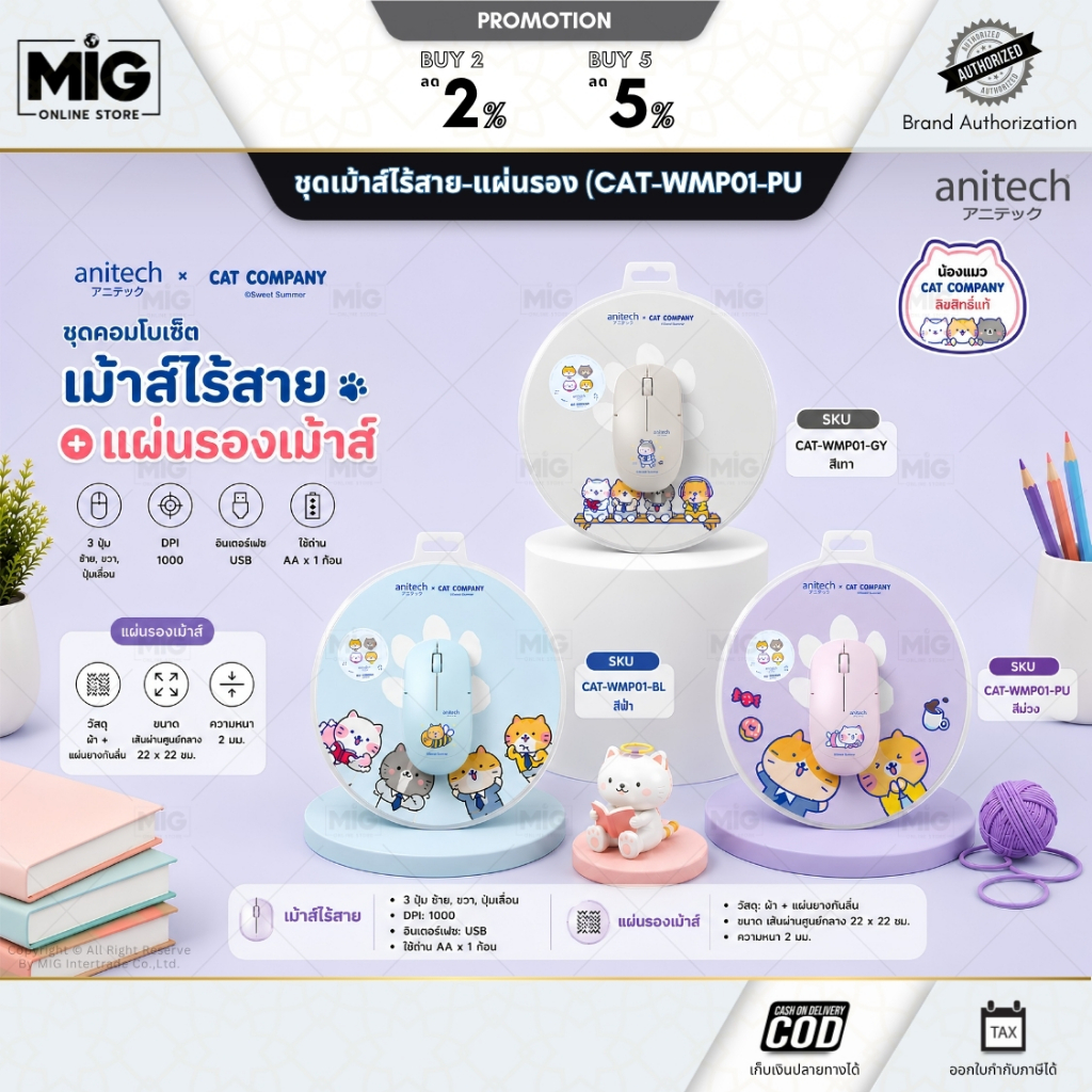 [พร้อมส่ง] Anitech Combo Set ชุดเม้าส์ไร้สาย + แผ่นรองเมาส์ลายแมวสุดคิวท์ รุ่น CAT-WMP01 เสียงเงียบ ดีไซน์พาสเทล