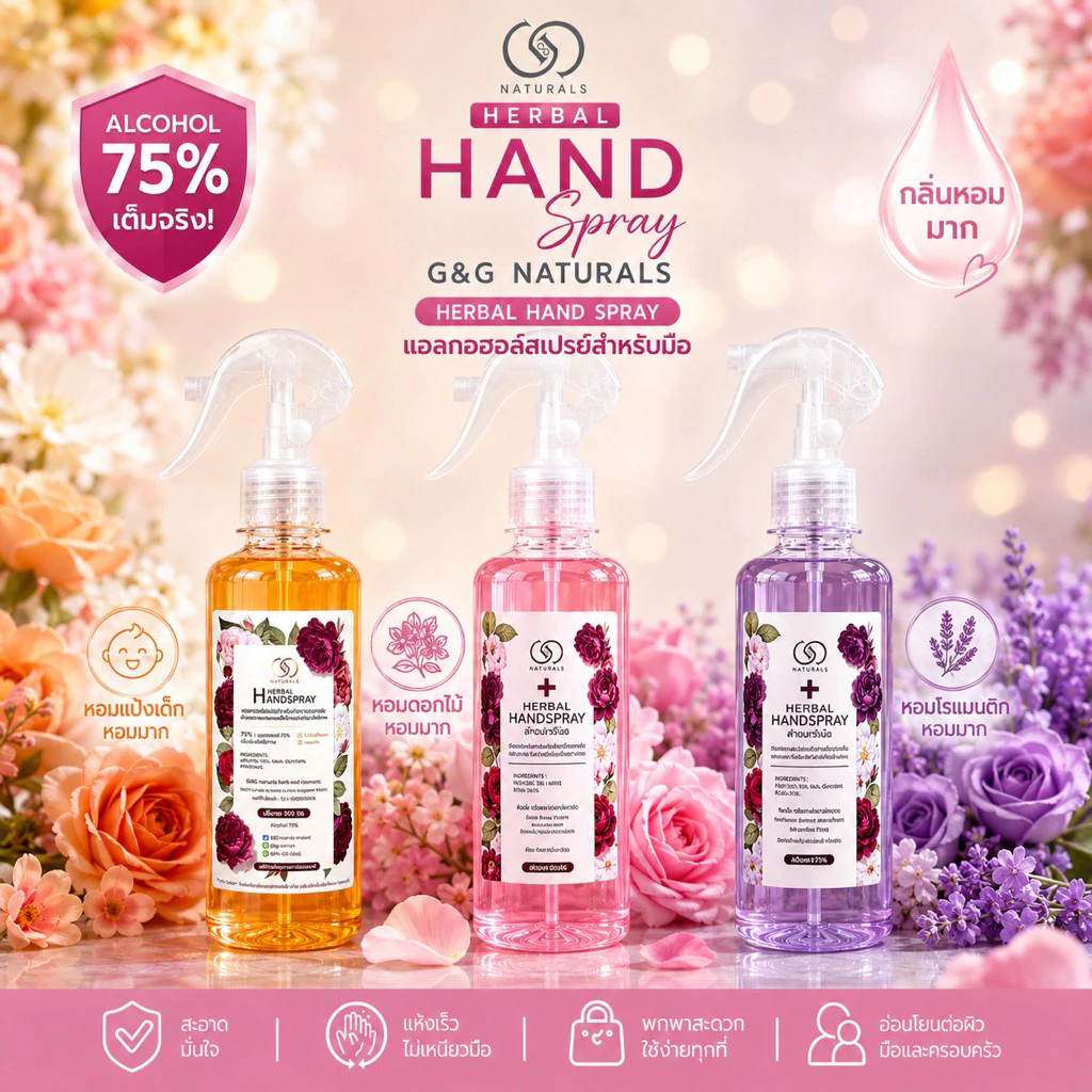 แอลกอฮอล์ สเปรย์ ทำความสะอาดมือชนิดหอมมาก แอลกอฮอล์ 75% เต็ม 3 สี 3 กลิ่น 300 มล. X3 ขวด