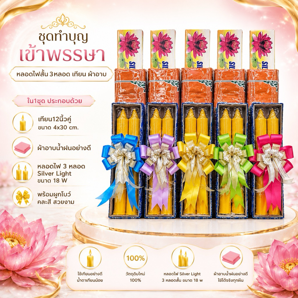 ชุดหลอดไฟเทียนพรรษาพร้อมผ้าอาบน้ำฝนอย่างดี (ตกแต่งโบว์คละสี)