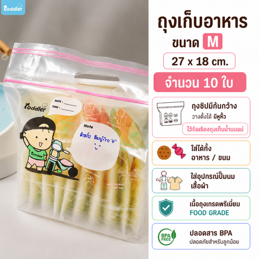 (มีหูหิ้ว ก้นกว้าง) Toddlerfamily จัดเรียงสต๊อก ถุงเก็บอาหารแช่แข็ง เนื้อใส  ขนาด M  จำนวน10 ใบ