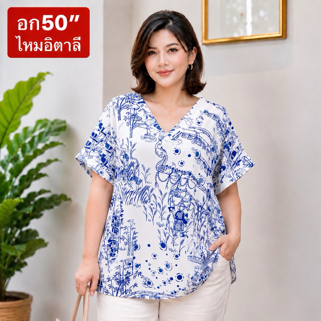 อก50“ คอวี เสื้อผ้าสาวอวบ ไซส์ใหญ่ ผ้าไหมอิตาลีและสปัน