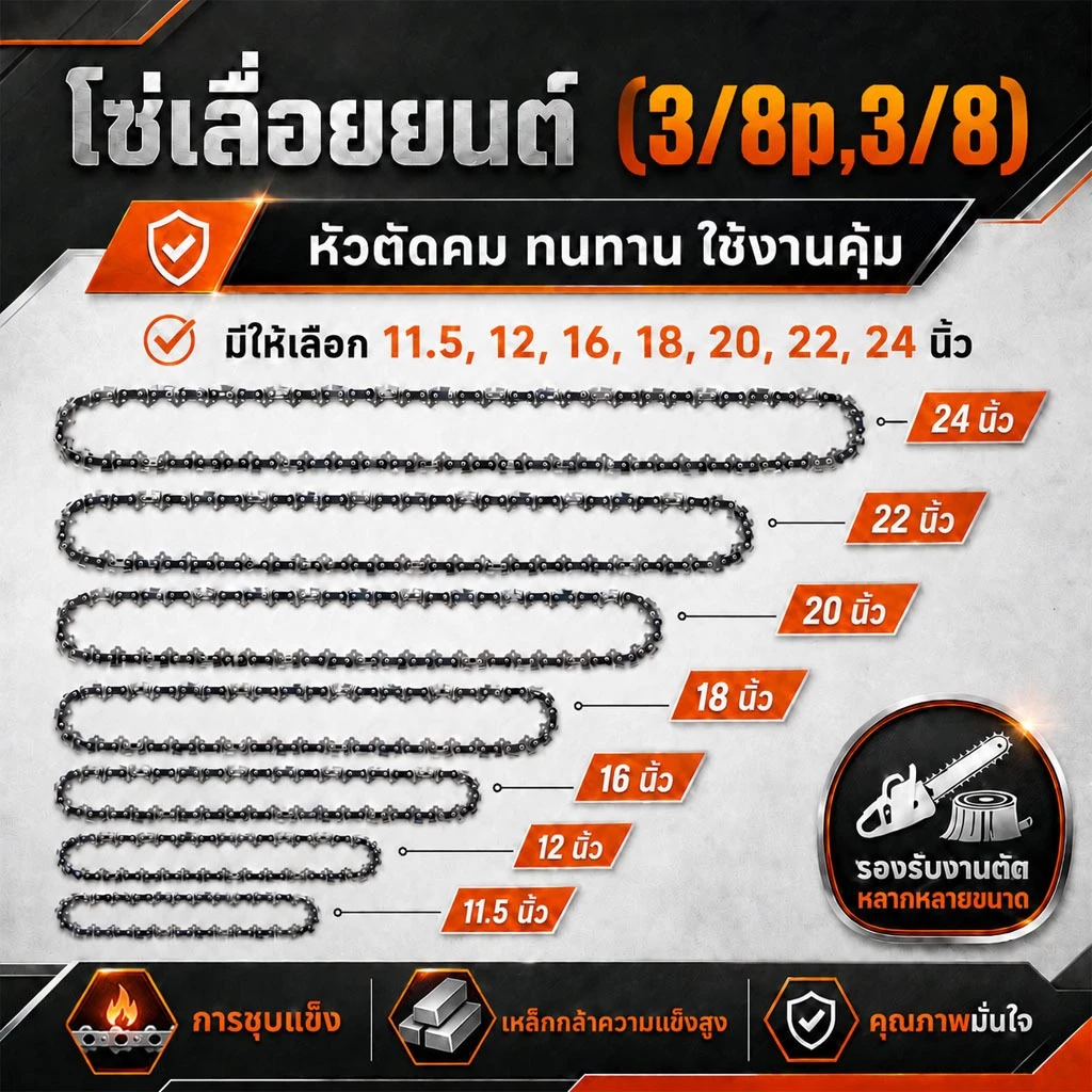โซ่เลื่อยไม้ ขนาด11.5-24นิ้ว(3/8 3/8P) ชุบแข็งเหล็กคุณภาพสูง ทนทานตัดไม้หนัก ใช้งานยาวนานสำหรับช่างตัดไม้มืออาชีพ