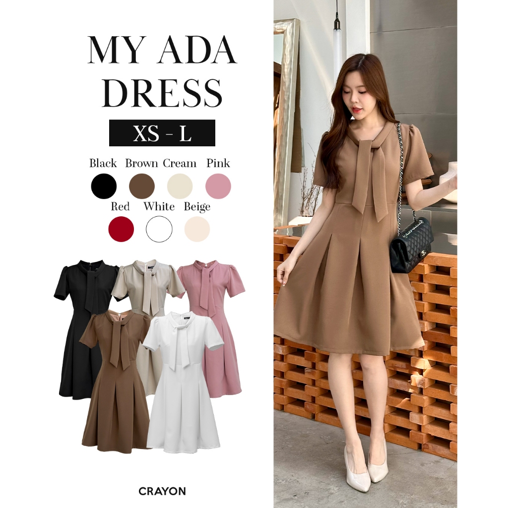 (XS-3XL) My ada dress - ชุดเดรสทำงาน ชุดทำงานผู้หญิง เครสคอไทด์ กระโปรงจีบทวิสน่ารัก - CRAYONBRAND