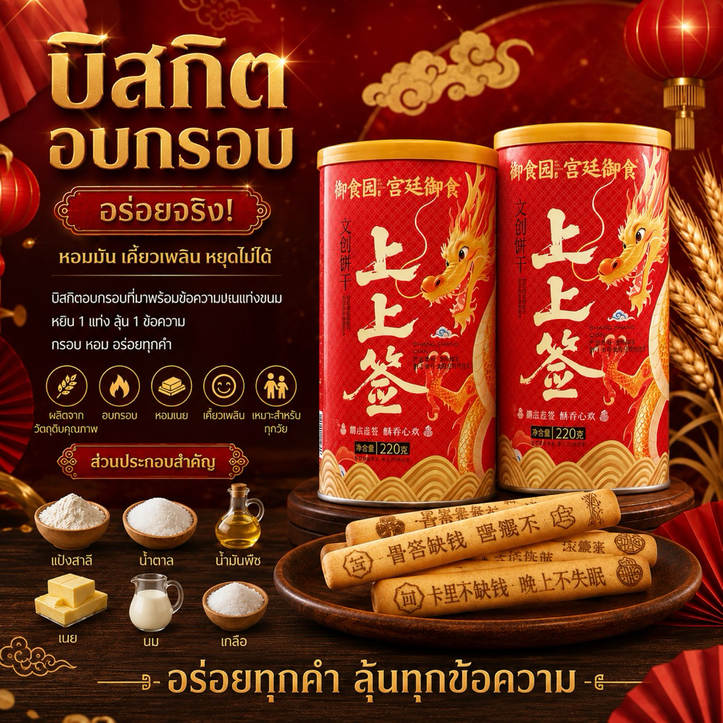 ShangShangQian บิสกิตอบกรอบ ขนมเซียมซี คำทำนายบนแท่งขนม ขนาด 220 กรัม