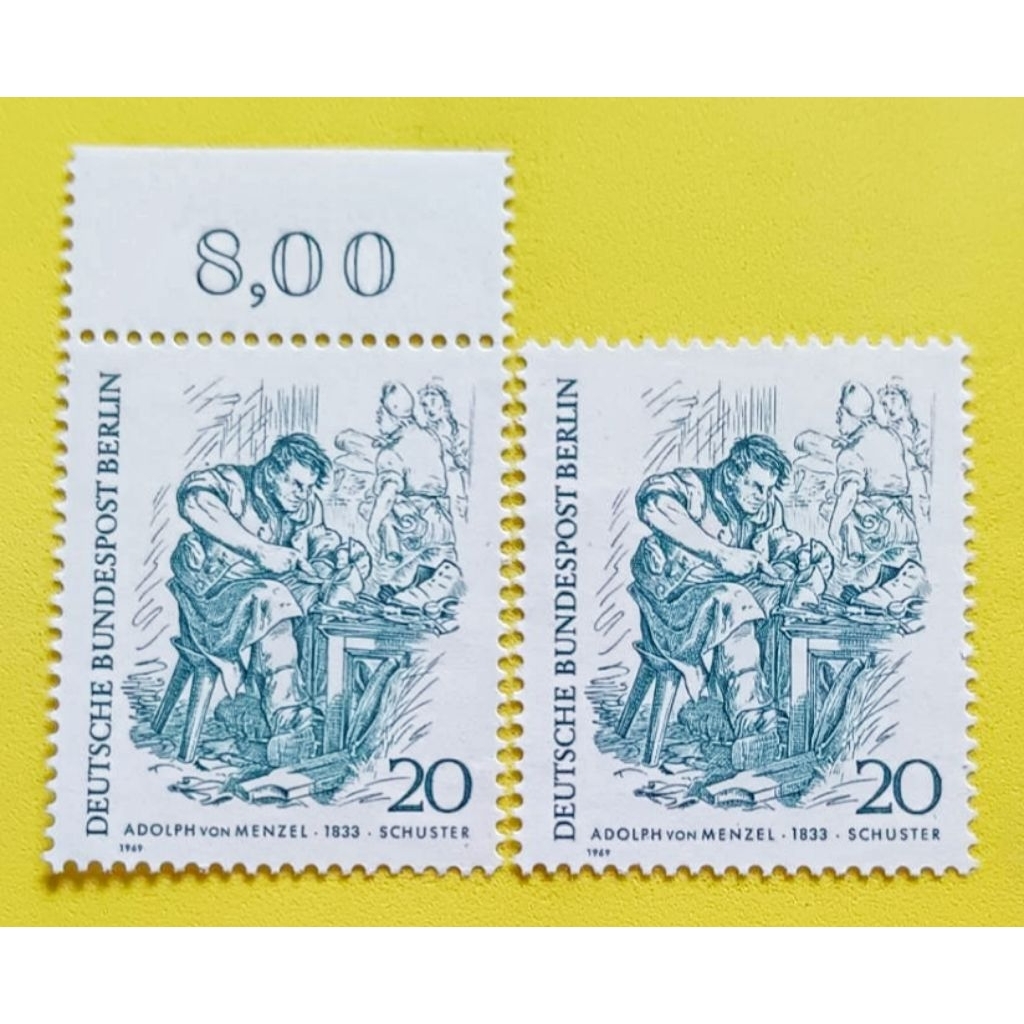 ชุด​ 2​ ดวง​แสตมป์เยอรมนีตะวันตก (Berlin) ปี 1969 แสดงภาพ "ช่างทำรองเท้า" (Schuster) โดย Adolph von 