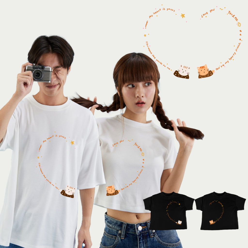เสื้อคู่พร้อมส่งลาย Love Connected Cat ผ้านิ่มไม่ย้วย เสื้อคู่ เสื้อครอป เสื้อโอเวอร์ไซส์
