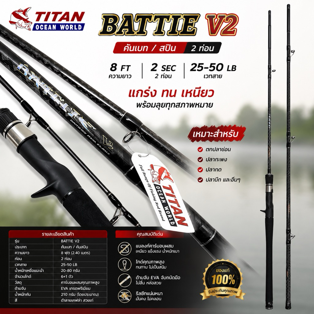 คัน TITAN BATTLE V2 คันเบท/สปิน 8 ฟุต 2 ท่อนเวท 25-50LB
