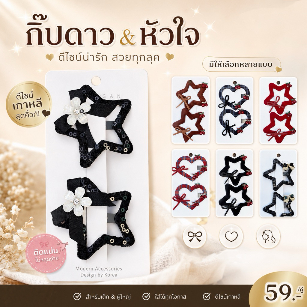 กิ๊บติดผม มีให้เลือกหลายลาย กิ๊บแป๊ะ พร้อมส่ง