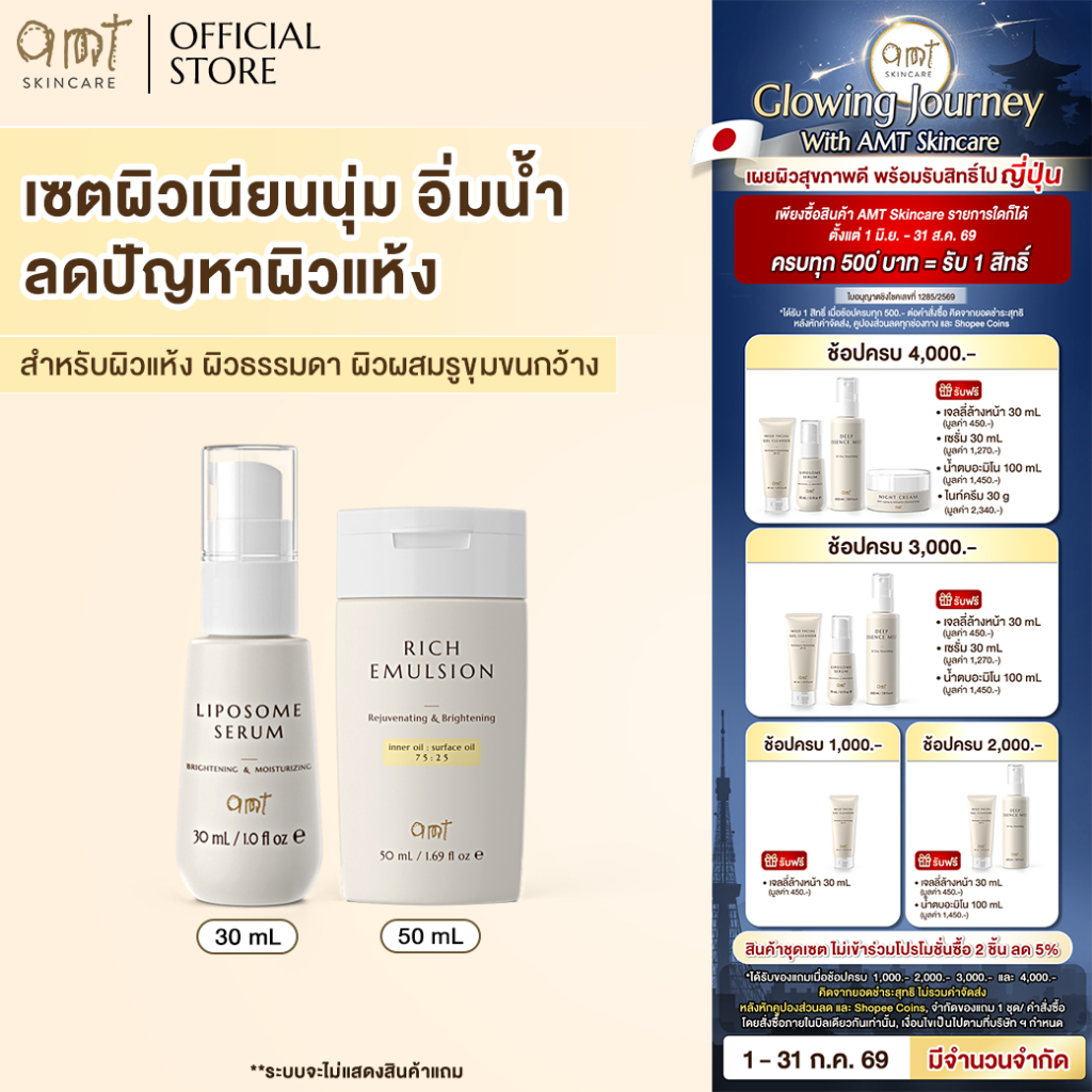 เซตผิวอิ่มน้ำเล็ก (สำหรับผิวแห้ง ผิวธรรมดา ผิวผสมรูขุมขนกว้าง) - Liposome Serum 30 mL & Rich Emulsion 50 mL