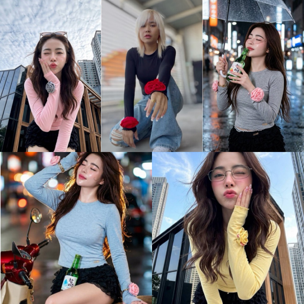 💕ShopBypuy💕เสื้อแขนยาวแต่งกุหลาบเสื้อแฟชั่นคอกลม