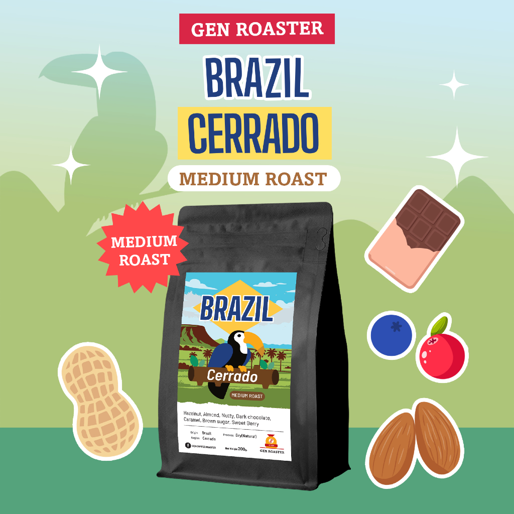 Gen Roaster เมล็ดกาแฟคั่วกลางบราซิล Brazil Cerrado 200-500 g. บอดี้แน่น ละมุนไม่ขม Nutty Process DRY(NATURAL)