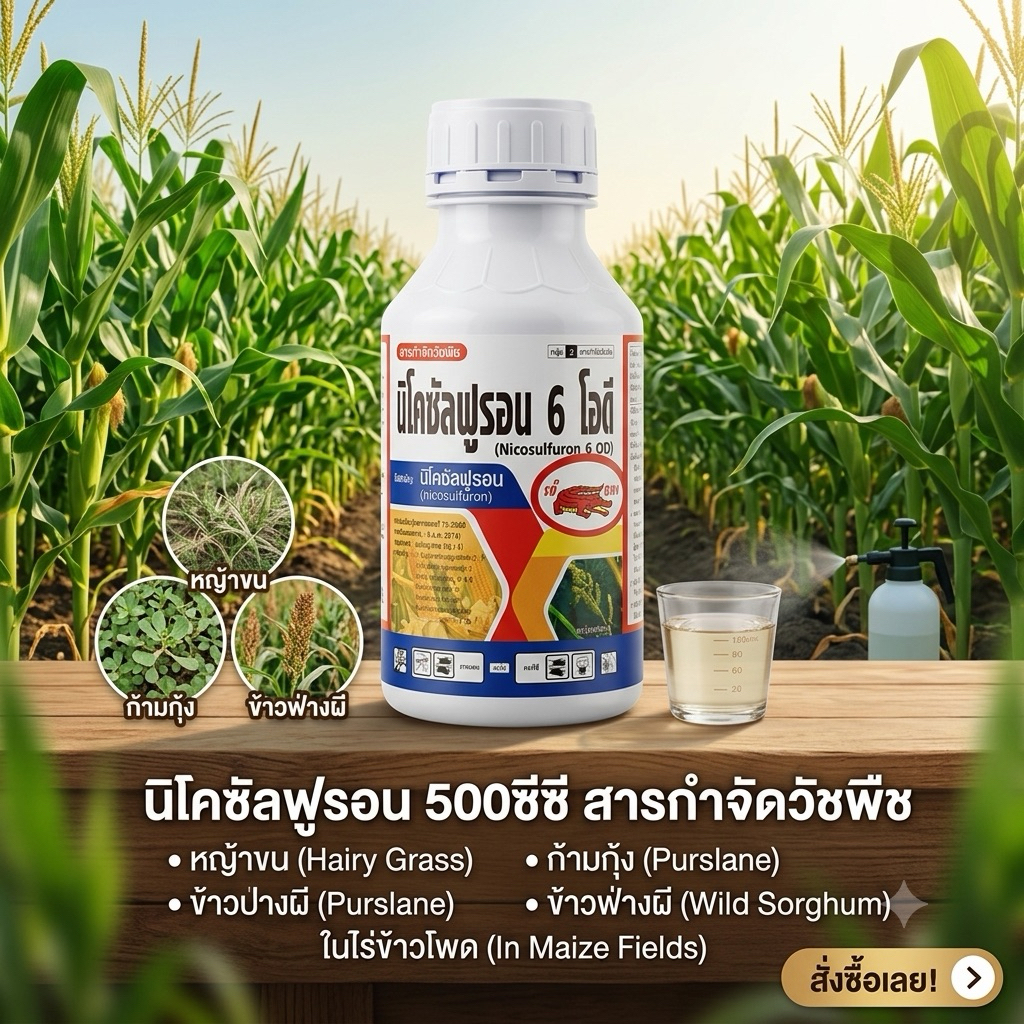 นิโคซัลฟูรอน ขนาด 500 ซีซี สารกำจัดวัชพืชในไร่ข้าวโพด กำจัดหญ้าขน ก้ามกุ้ง ข้าวฟ่างผี ตายเรียบถึงราก