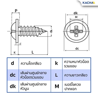 Kacha สกรูเกลียวปล่อย หัวเวเฟอร์ สกรูปลายแหลมหัวนูน แฉก P+ชุบซิงค์ขาว เบอร์ 8 ขนาด 4หุน–16หุน 100 ตัว