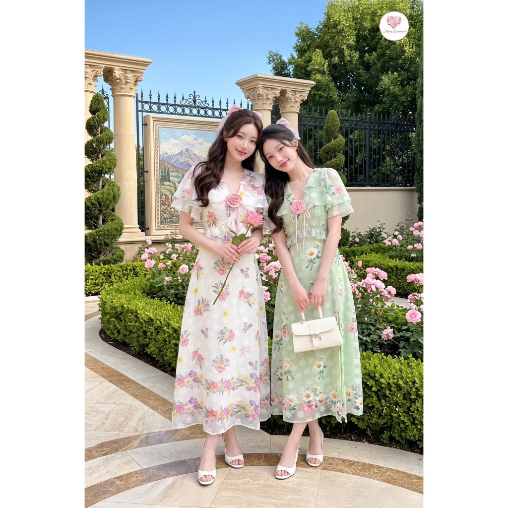 (มี3XL) Boniga มี 2 สี Day One Dress เดรสยาวผ้าชีฟองพิมพ์ลาย แขนระบาย กระโปรงผ่าหน้า ซิปหลัง มีซับใน