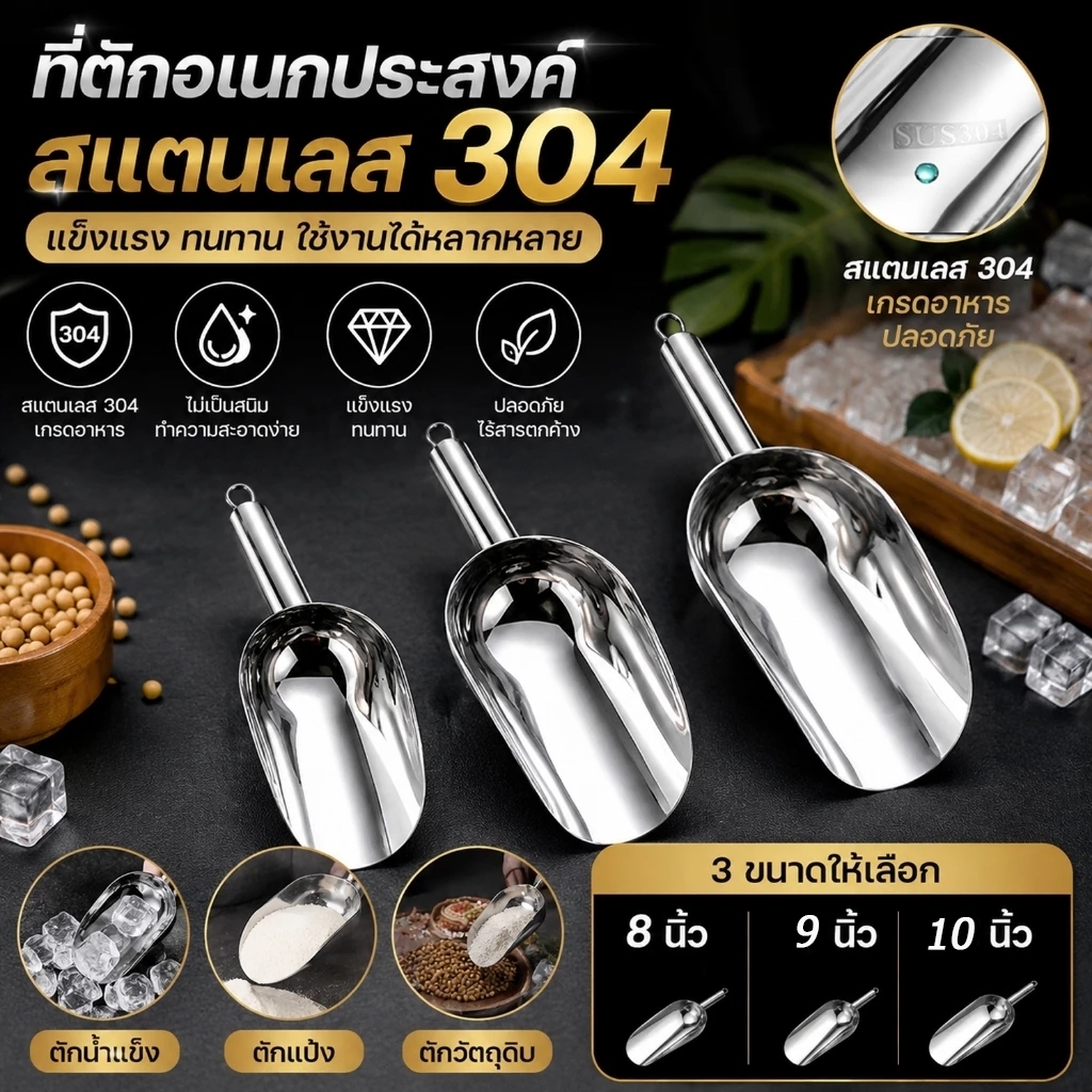 ที่ตักน้ำแข็งสแตนเลส ที่ตักน้ำแข็งอเนกประสงค์ แข็งแรงพกพาง่าย น้ำหนักเบา วัสดุสแตนเลส ขนาด 8/9/10 นิ้ว