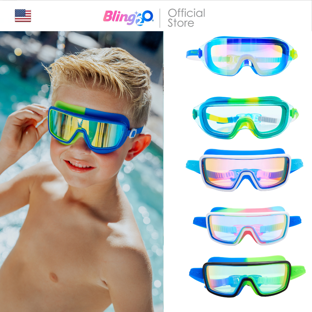 BLING2O แว่นตาดำน้ำเด็กสีสดใส ยอดฮิตจากอเมริกา PRISMATIC ลายเด็กผู้ชาย ป้องกันฝ้าเเละ UV ถ่ายรูปสวย สายซิลิโคนนิ่ม