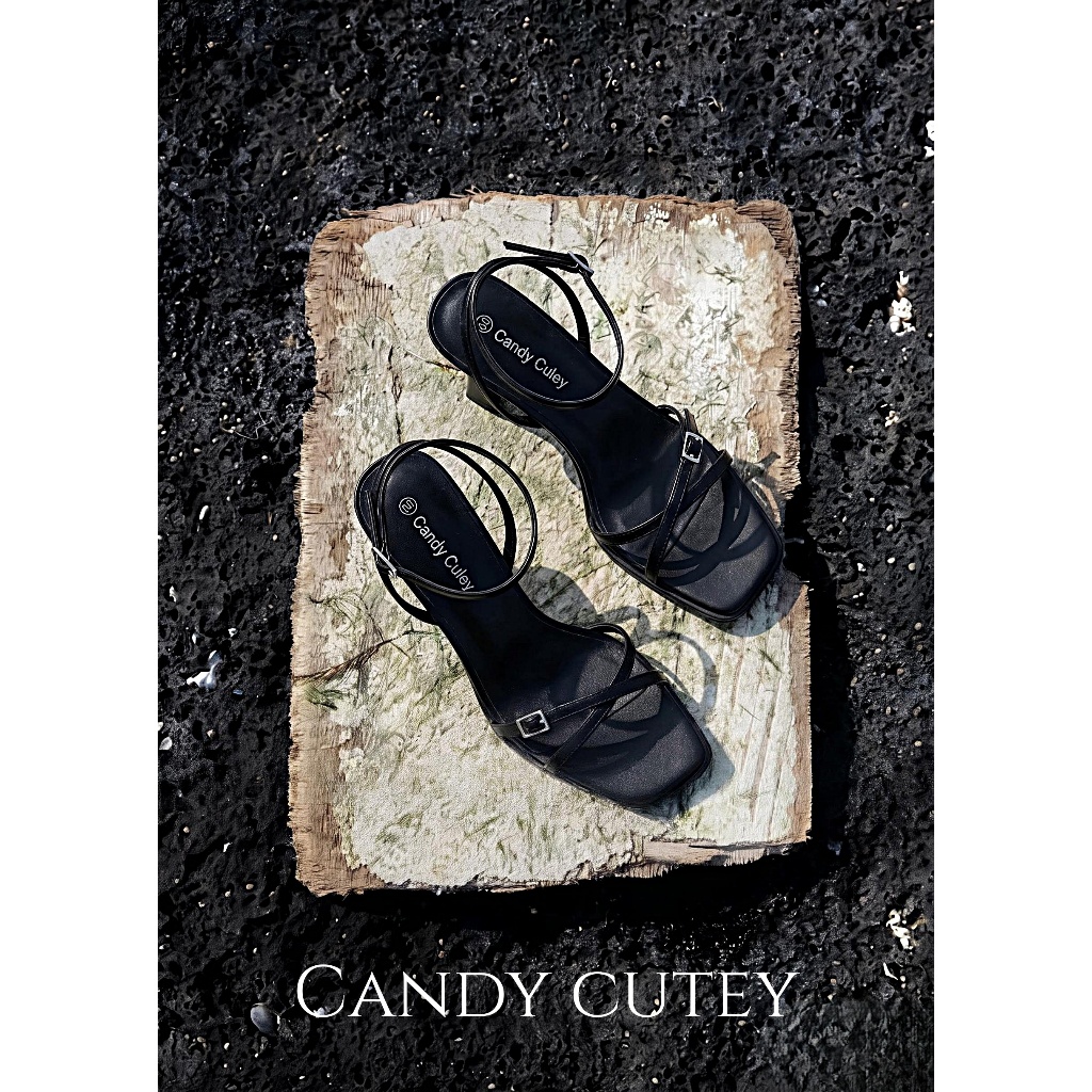 Candy Cutey รองเท้าแตะส้นสูง 8 ซม. สีดำ หัวสี่เหลี่ยม รูปที่ 2
