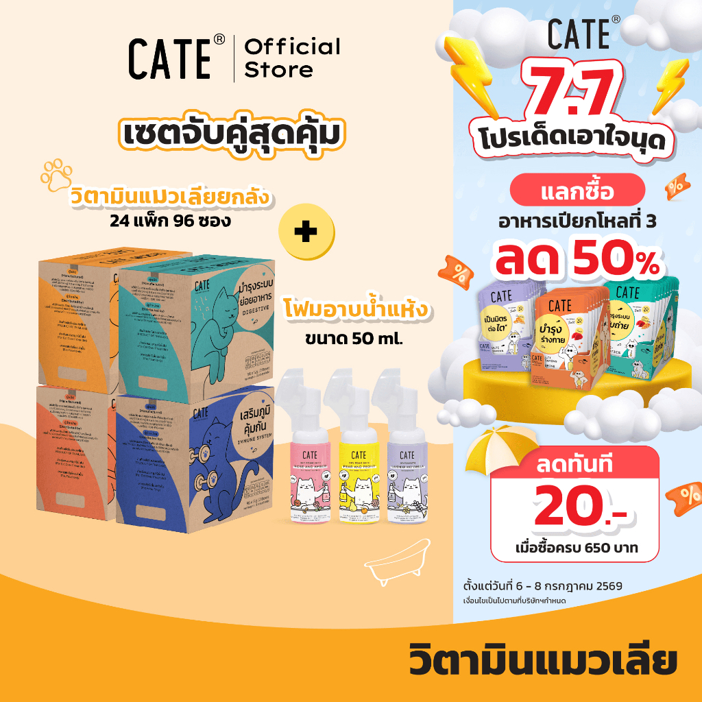 (ยกลังคู่โฟมราคาคุ้ม) CATE เคท ขนมแมวเลีย 24 แพ็ค (96 ซอง) คู่กับ โฟมอาบน้ำแห้ง 50 ml.