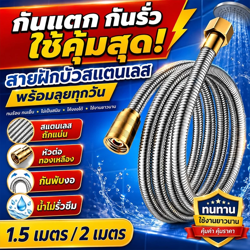 สายฝักบัวอาบน้ำ 304 สแตนเลสแท้ อายุใช้งานสูงสุด 30 ปี ยาว 1.5-2 เมตร กันระเบิด กันรั่ว ทนทาน รองรับแรงดันสูง
