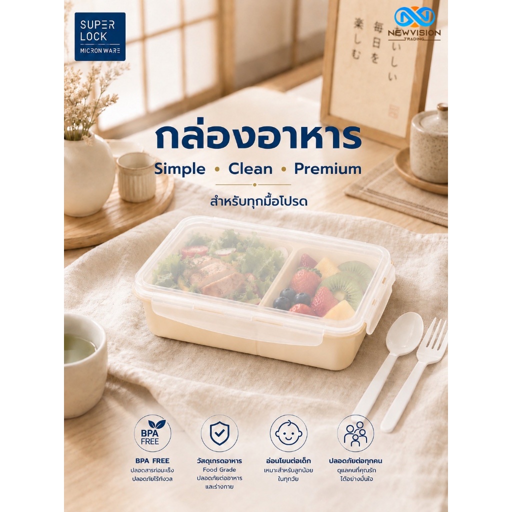 Super Lock กล่องอาหารกลางวัน รุ่น 6189 กล่องใส่ข้าว กล่องใส่อาหารแบบ 2ช่อง ความจุ 900 มล. เข้าไมโครเวฟได้ พร้อมช้อนส้อม