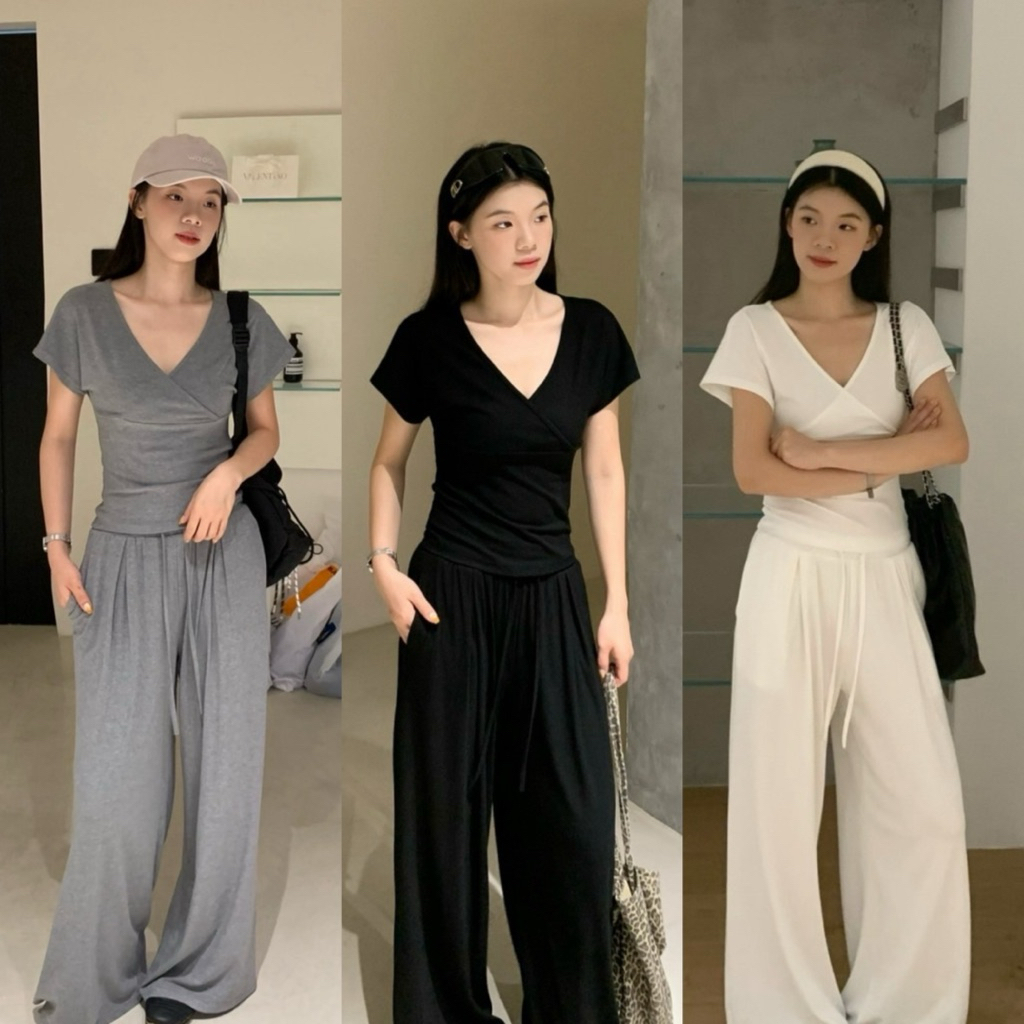 10307# Set 2 pcs เสื้อคอวี แขนสั้น + กางเกงขายาวเอวยางยืด มีเชือกรูดช่วงเอว  TAG:WG.WE 🇰🇷
