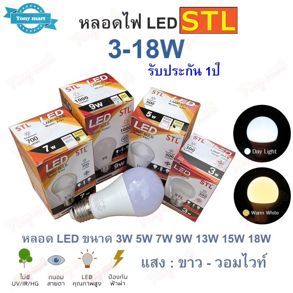 หลอดไฟ LED ยี่ห้อ STL 3W 5W 7W 9W 13W 15W 18W ขั้วe27 แสงขาว แสงวอร์ม 220v ทนทาน มีประกัน1ปี ไม่แตกง่าย