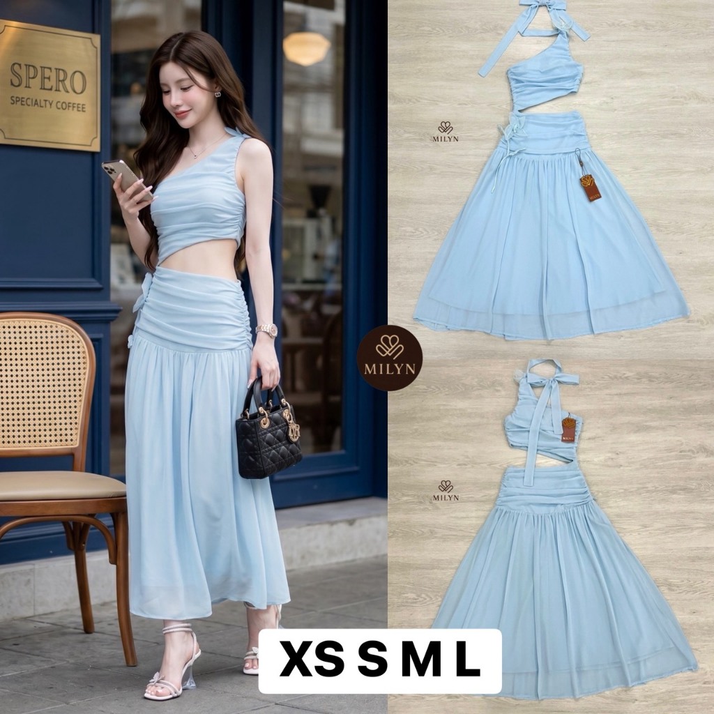 MILYN เดรสยาวสายคล้องคอผูกโบว สีฟ้า
