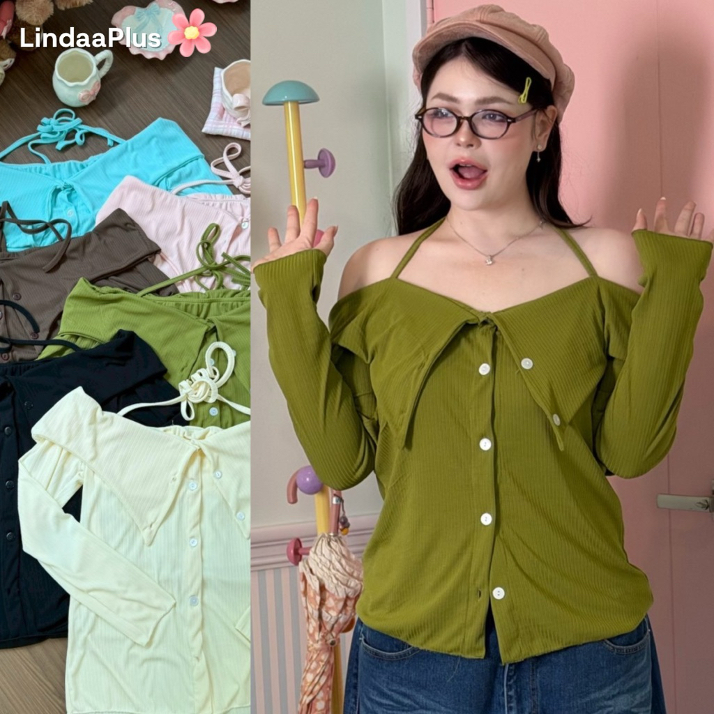 LindaaPlus-- เสื้อผ้าร่องใหญ่สาวอวบอ้วน “ 𝑺𝒊𝒔𝒔𝒚 ” 🩵🐰✨ เสื้อปาดไหล่แขนยาว คอกว้าง พร้อมเชือกผูก กระดุมใช้งานได้จริง