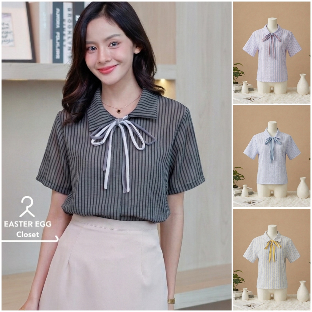 E14 เสื้อทํางานผู้หญิง แขนสั้น คอปก สไตล์มินิมอล ทรงน่ารักมาก ผ้าสวย มี Texture Easter Egg