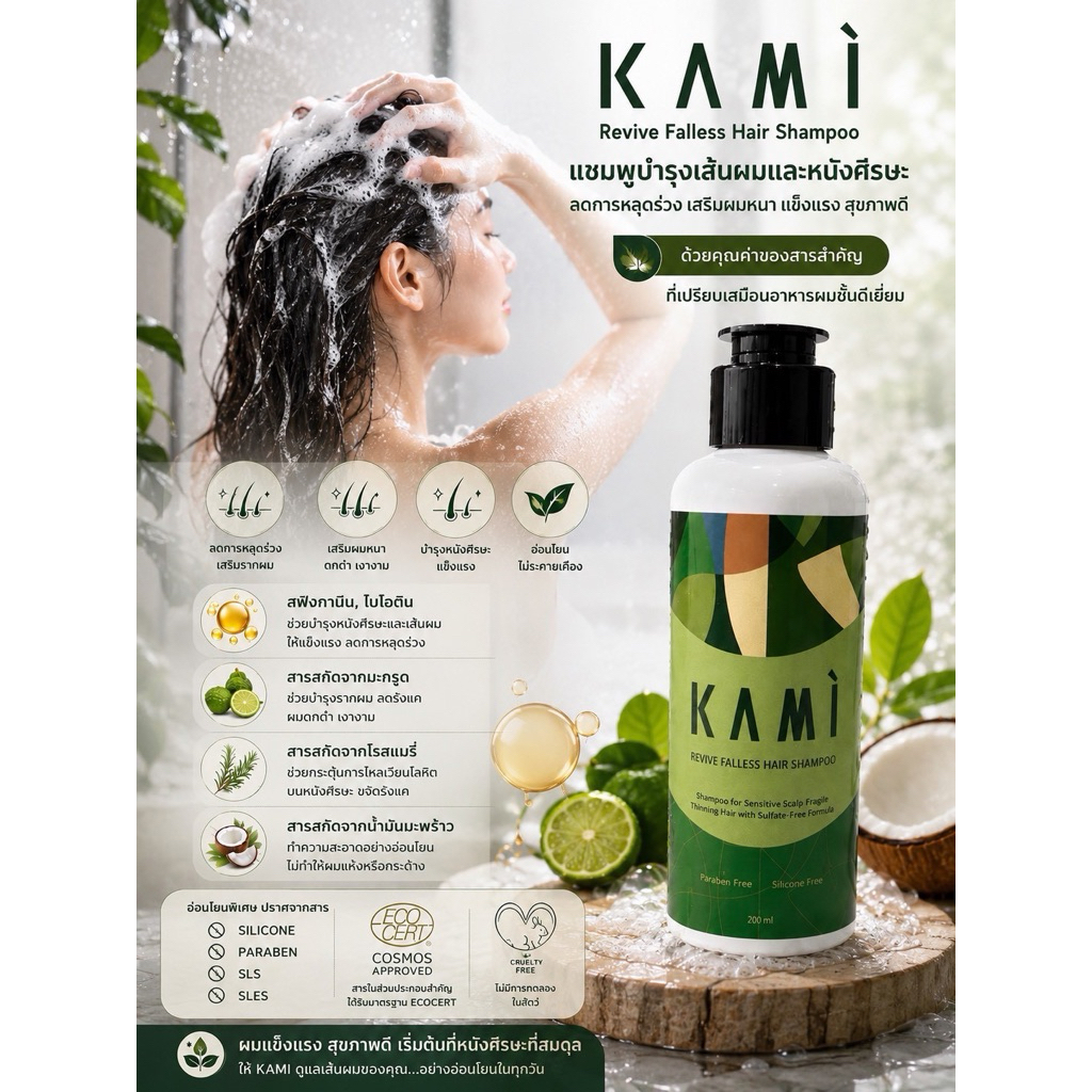 Kami Revive Falless Hair Shampoo 200 ml แชมพูดูแลเส้นผมและหนังศีรษะ ลดกังวล​ เรื่องผมร่วง