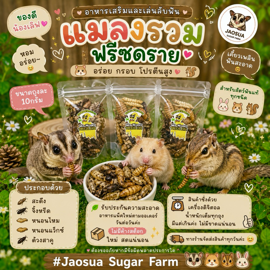 🦗🐛แมลงรวมฟรีซดราย หนอนไม้ไผ่ หนอนไหม สะดิ้ง จิ้งหรีด ด้วงสาคู น้ำหนัก 10g.