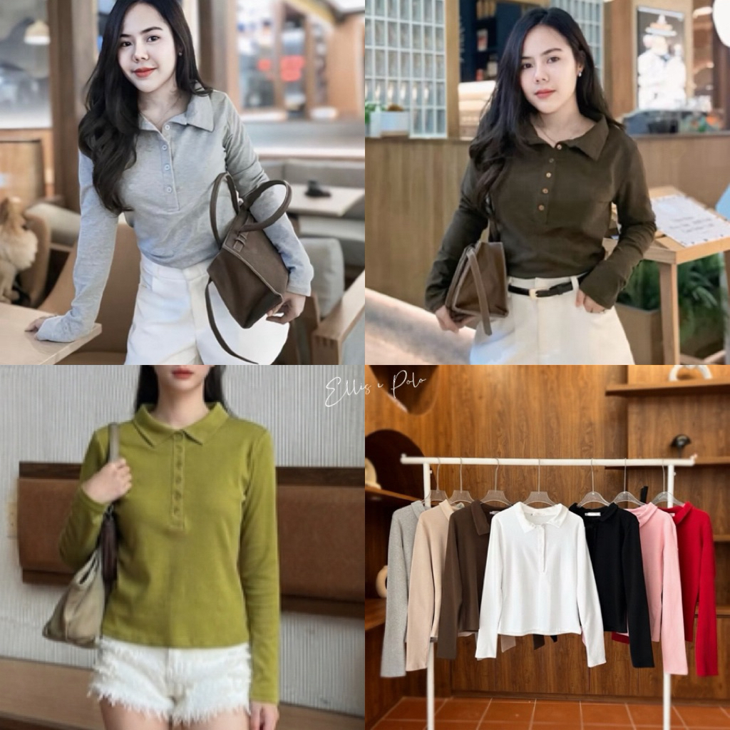 ELLIS  i POLO เสื้อโปโล แขนยาวสไตร์ลาฟผ้ายูทรงสวย Size s-l🤎พร้อมส่ง