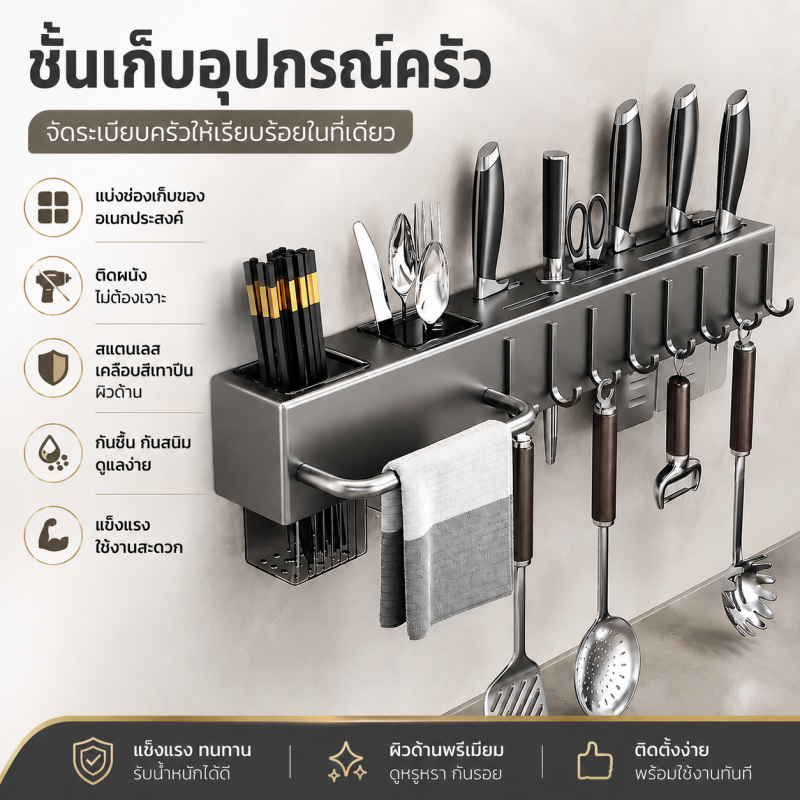 ชั้นวางมีดครัวติดผนัง ที่เก็บอุปกรณ์ครัว พร้อมตะขอแขวน 8 ตัว ไม่ต้องเจาะ กันชื้น