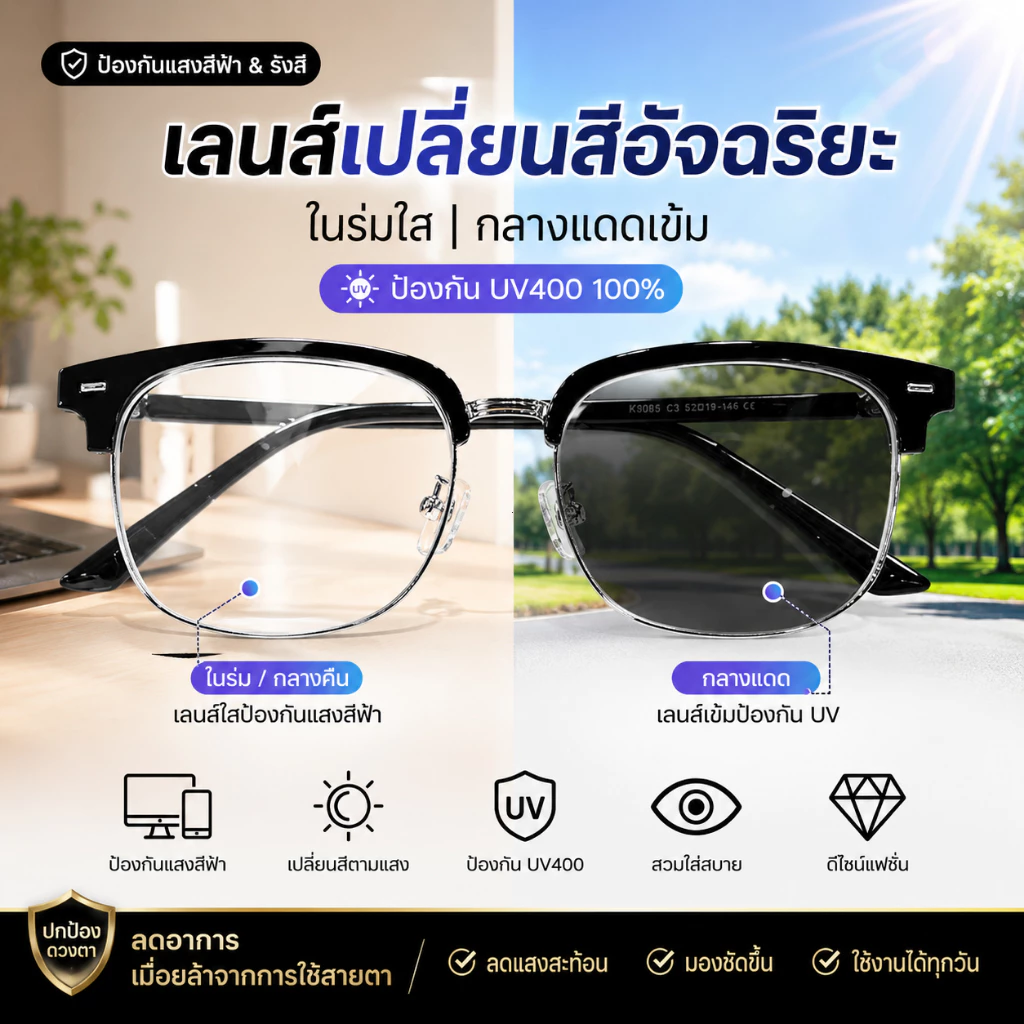 แว่นกรองแสงสีฟ้า ลดแสงจากมือถือและคอม เลนส์เปลี่ยนสี UV400 ใส่สบาย น้ำหนักเบา แว่นแฟชั่นผู้ชายผู้หญิง