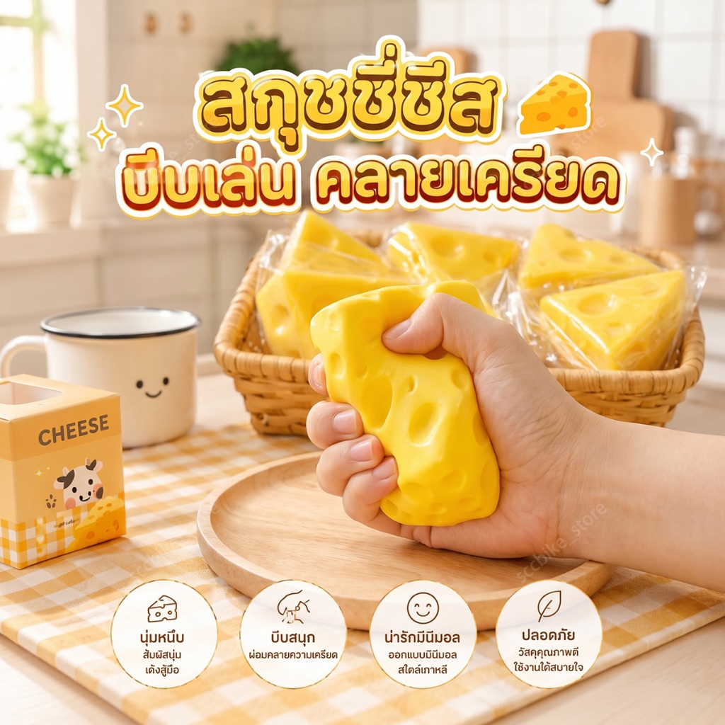 สกุชชี่ชีส ชีสสกุชชี่ ของเล่นบีบคลายเครียดได้ นุ่มเด้ง มีลักษณะนุ่มนิ่มและคืนรูปได้ช้า มี 2 ขนาด เล่นเพลินทุกวัน