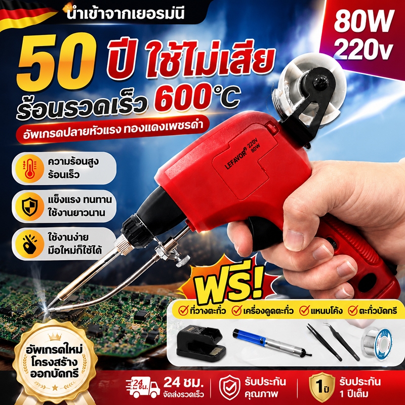 หัวแร้งบัดกรี 80W ปืนบัดกรี หัวแร้งบัดกรี ร้อนเร็ว 600°C อัพเกรดปลายหัวแร้งทองแดงเพชรดำ อุปกรณ์งานเชื่อม งานซ่อม หัวแร้ง