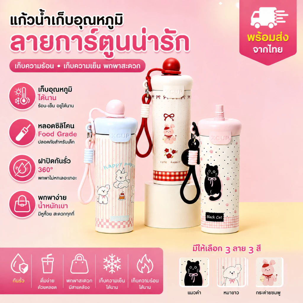 แก้วน้ำสแตนเลส 316 เก็บอุณหภูมิร้อนเย็น ลายการ์ตูน พร้อมหลอดดูด กันน้ำรั่ว พกพาสะดวก ใช้งานทุกวัน