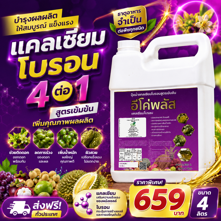 อีโค่พลัส แคลเซียมโบรอน เพิ่มการผสมเกสร ลดการหลุดร่วงของผล ลดปัญหาผลแตก ขนาด 4ลิตร