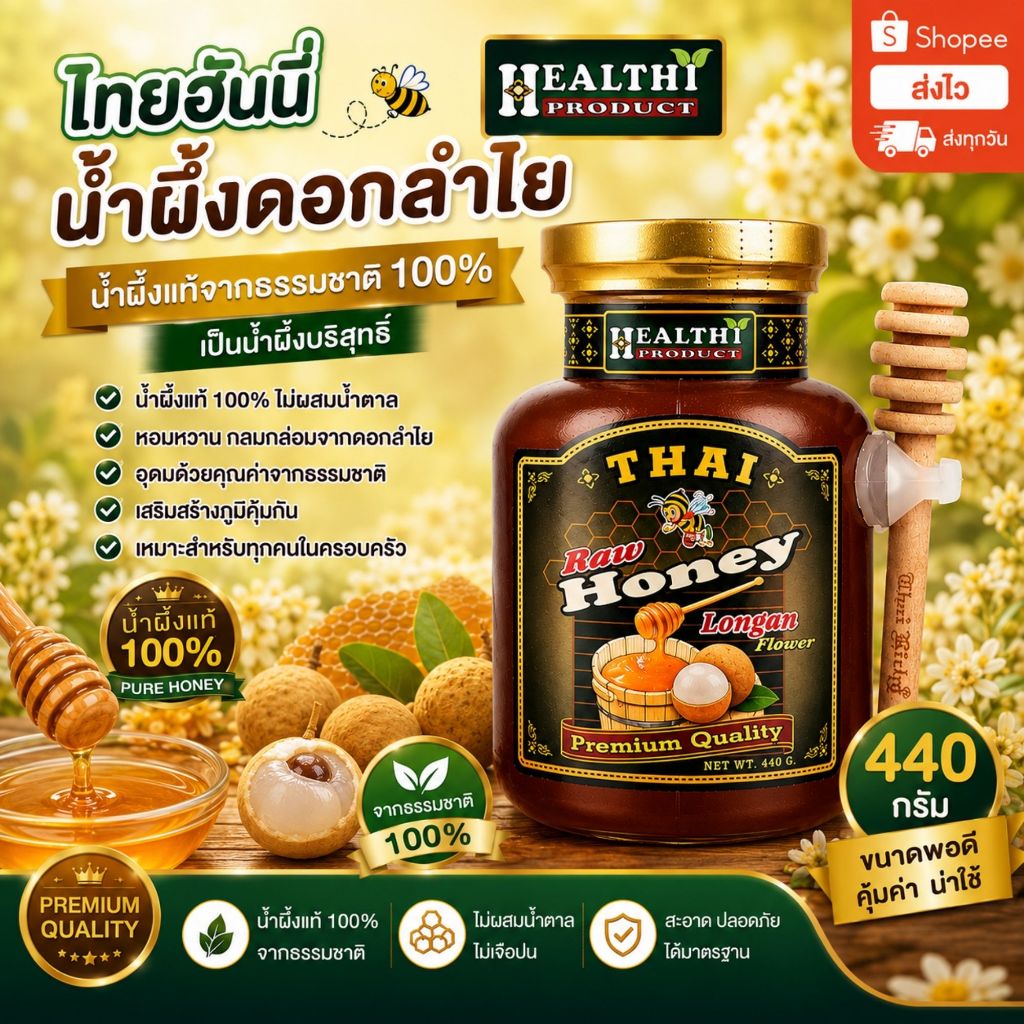 THAI HONEY (ไทยฮันนี่) น้ำผึ้งดอกลำไย ขนาด 440 กรัม น้ำผึ้งแท้ 100%
