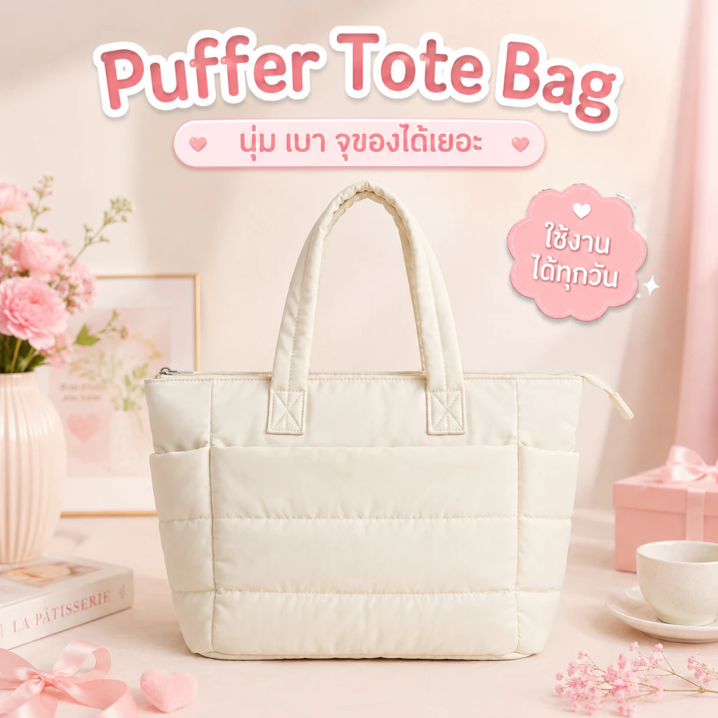 กระเป๋าสะพายข้าง กระเป๋าถือ กระเป๋าโน้ตบุ๊ค Puffy Tote Bag ใบใหญ่ ช่องเก็บของหลายช่อง ใส่Laptop/iPadได้