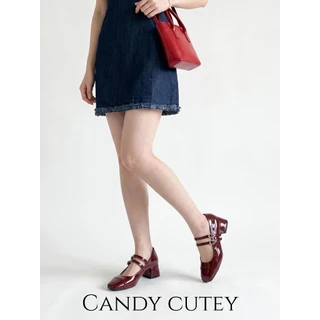 Candy Cutey รองเท้าแมรี่เจน หนังแก้ว ทรงหัวเหลี่ยมหน้าตัด โดดเด่นสะดุดตา เข้มสุดคลาสสิก สายหน้าเข็มขัดแบบคู่ สวมใส่สบาย