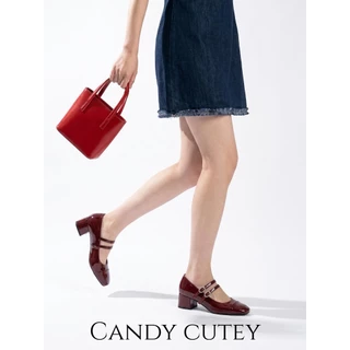 Candy Cutey รองเท้าแมรี่เจน หนังแก้ว ทรงหัวเหลี่ยมหน้าตัด โดดเด่นสะดุดตา เข้มสุดคลาสสิก สายหน้าเข็มขัดแบบคู่ สวมใส่สบาย