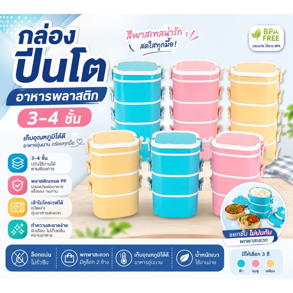 PB-614 ปิ่นโตพลาสติก มีหูหิ้ว 3-4 ชั้น ( พร้อมส่ง )