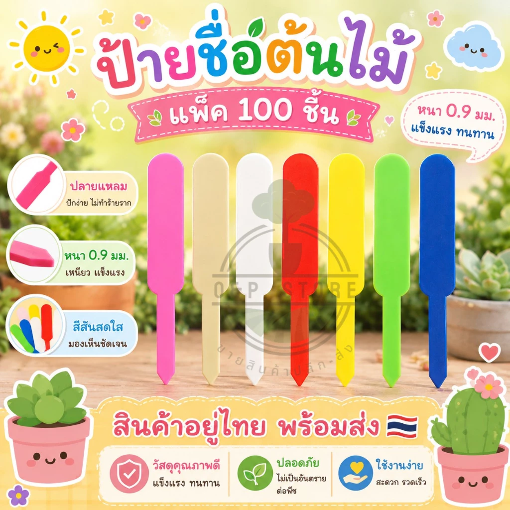 ป้ายชื่อต้นไม้แบบไอติม ป้ายพลาสติก หนา 0.9 มม. แพ็คประมาณ100ชิ้น (พร้อมส่ง) O&P