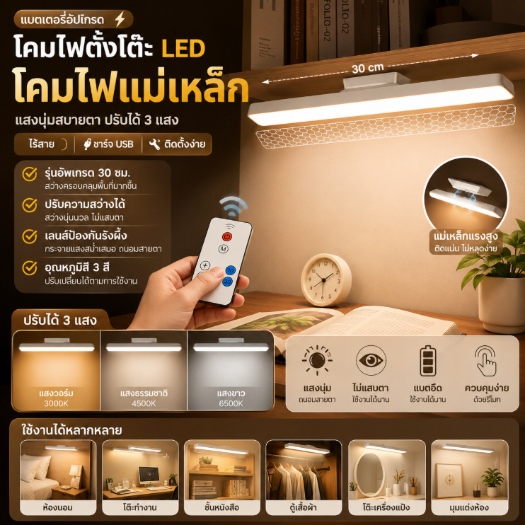โคมไฟตั้งโต๊ะ LED โคมไฟแม่เหล็ก ปุ่มชาร์จ USB ไฟข้างเตียง ไฟอ่านหนังสือ ไฟติดห้อง โคมไฟไร้สาย ปรับได้ 3 แสง